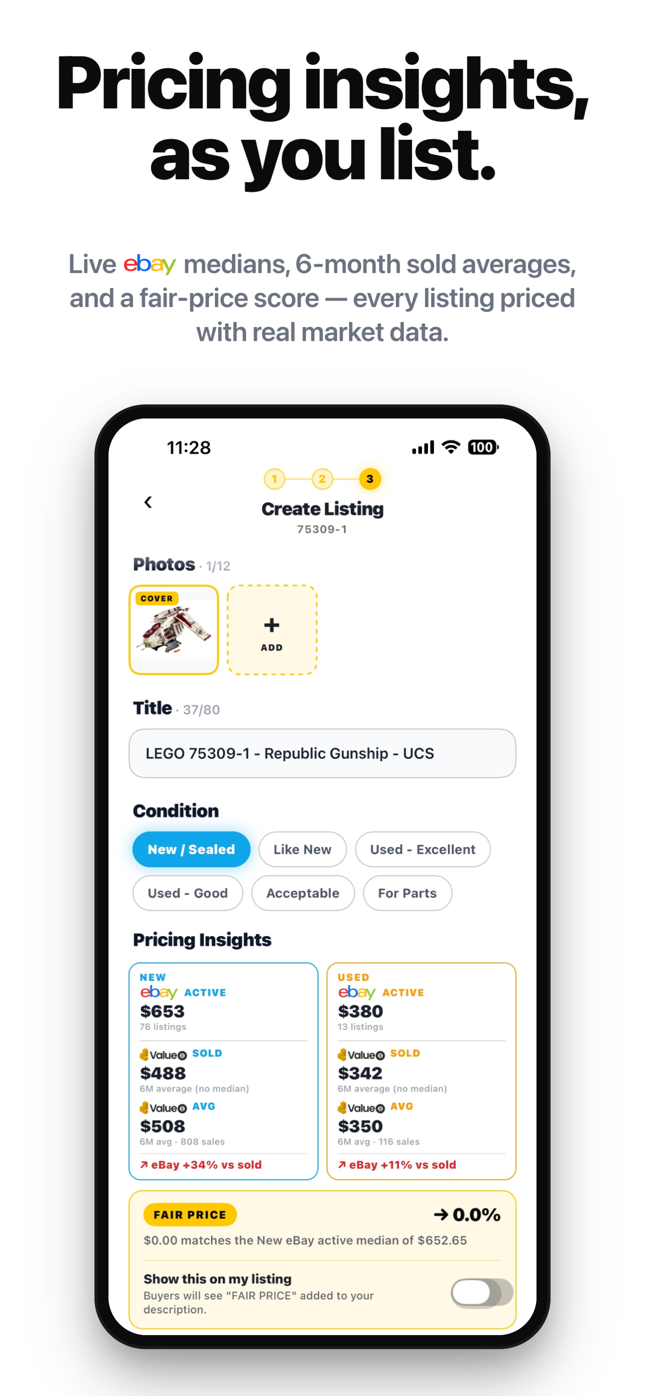 Value8 Create Listing — live medians, sold averages, fair-price score